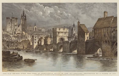 The Old Bridge over the Tyne at Newcastle, built in the 13th Century, destroyed by a Flood in 1771